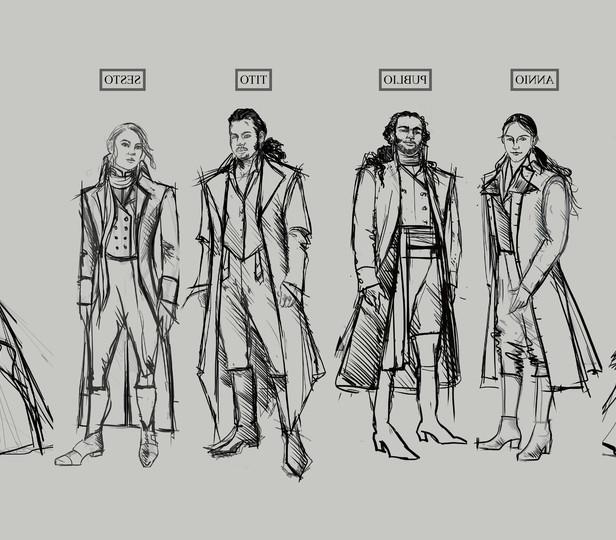 A greyscale lineup of costume sketches for the characters in 'Tito'